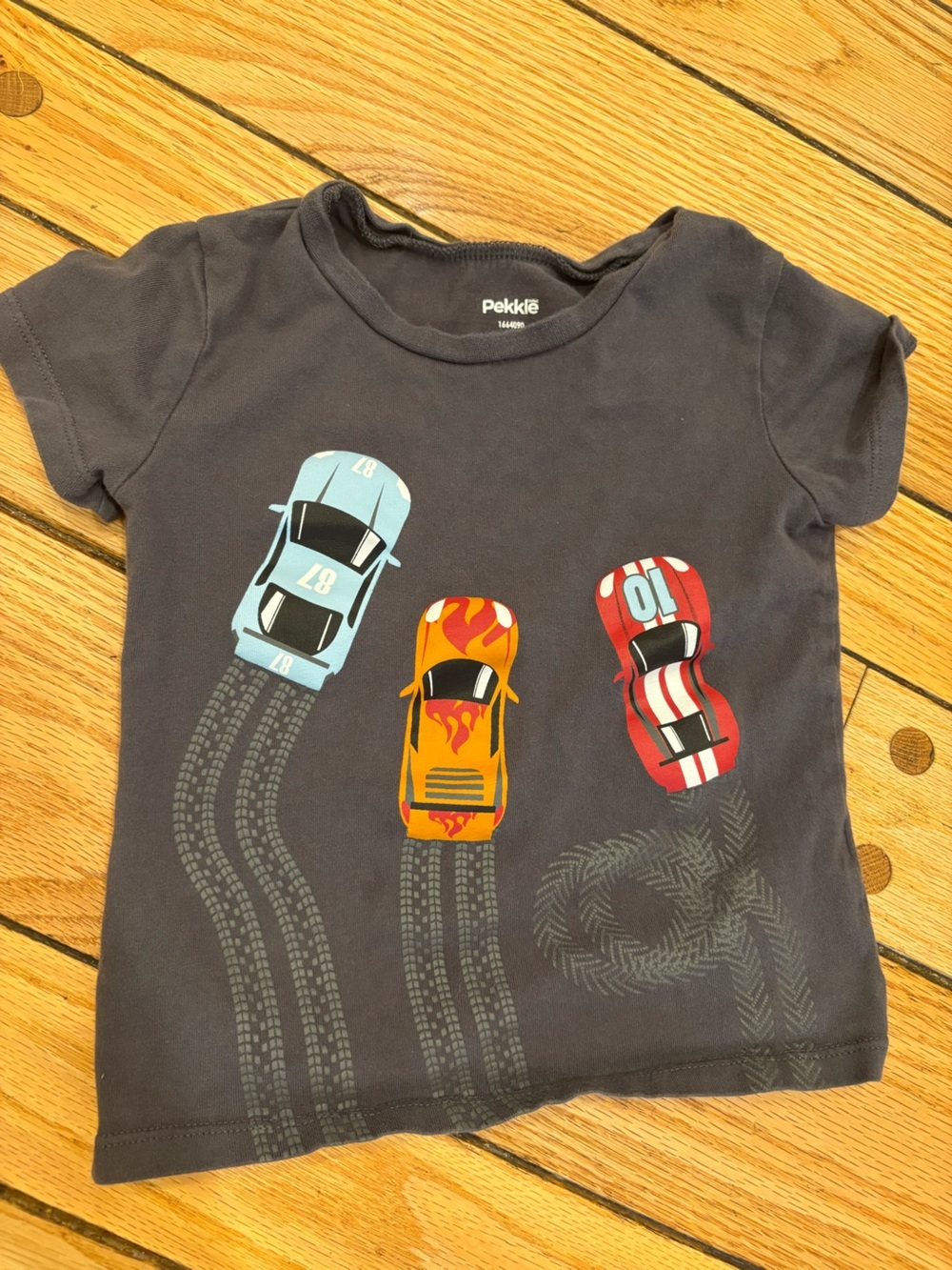 Pekkle Charcoal cottton Tee with Red, Orange, and Light Blue Race Cars 3T